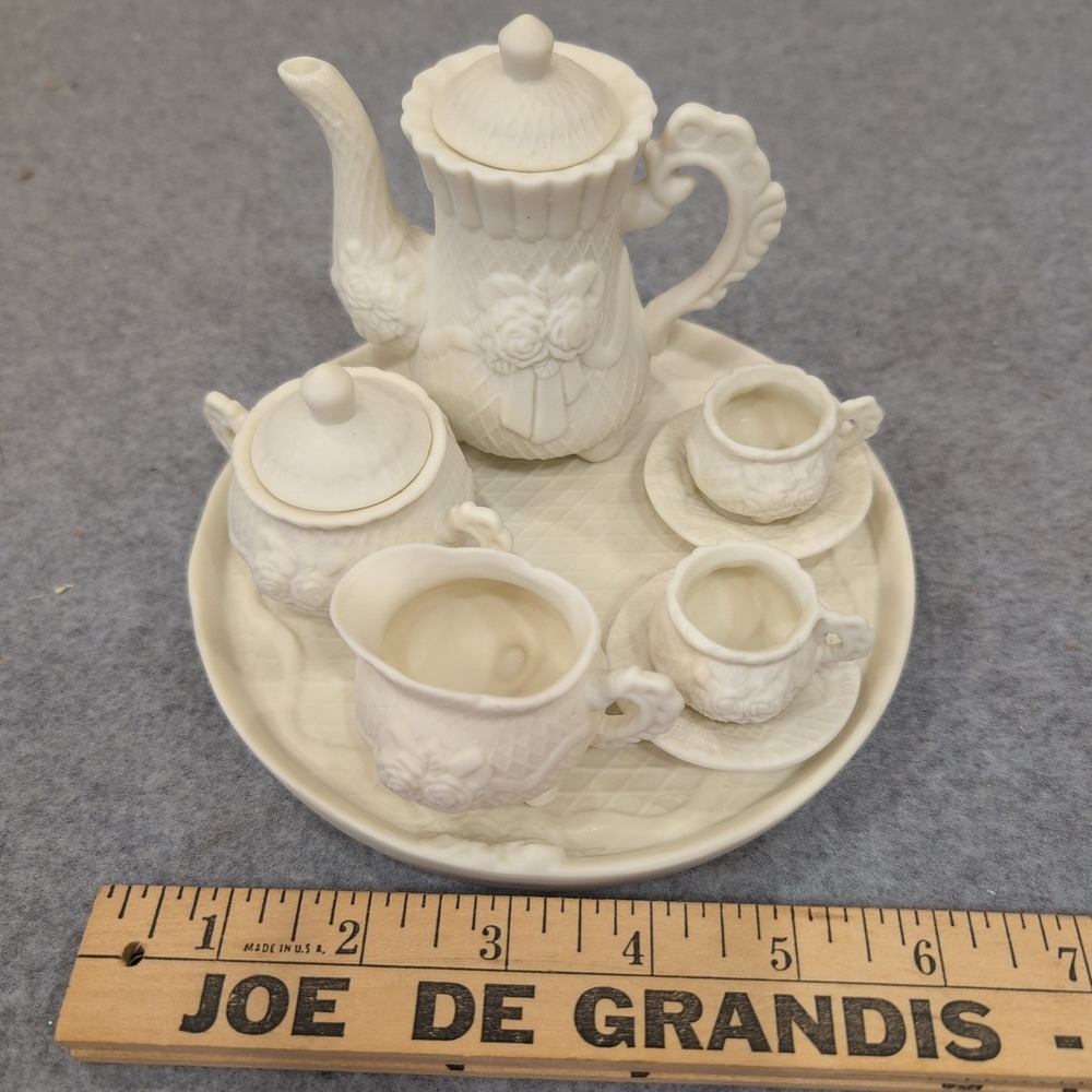 Albert E Price Miniature Porcelain Tea Set White Floral Relief 10 Piece Set - - Picture 6 of 8